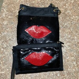 Black and Red Sequin Lip Design Women's Bag Set